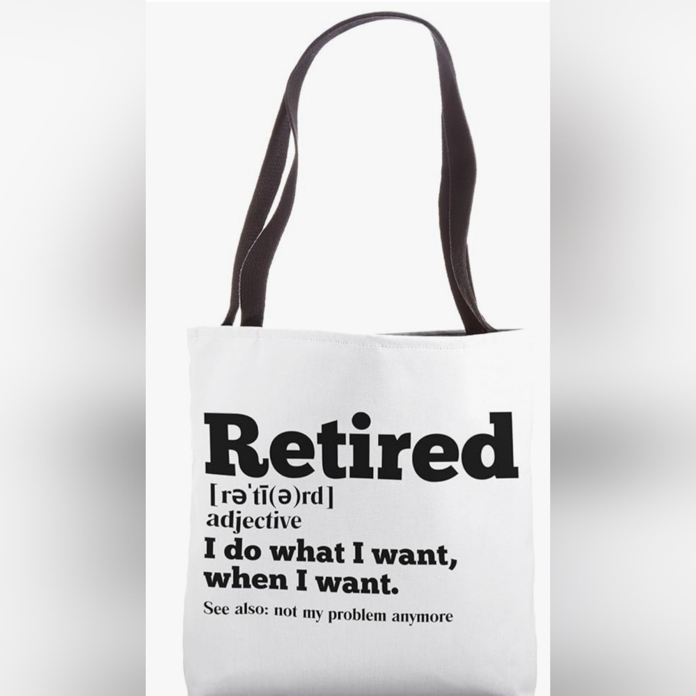White Canvas-Like Fabric Tote Bag with Black Handles "Retired" NWOT 16" X 16"